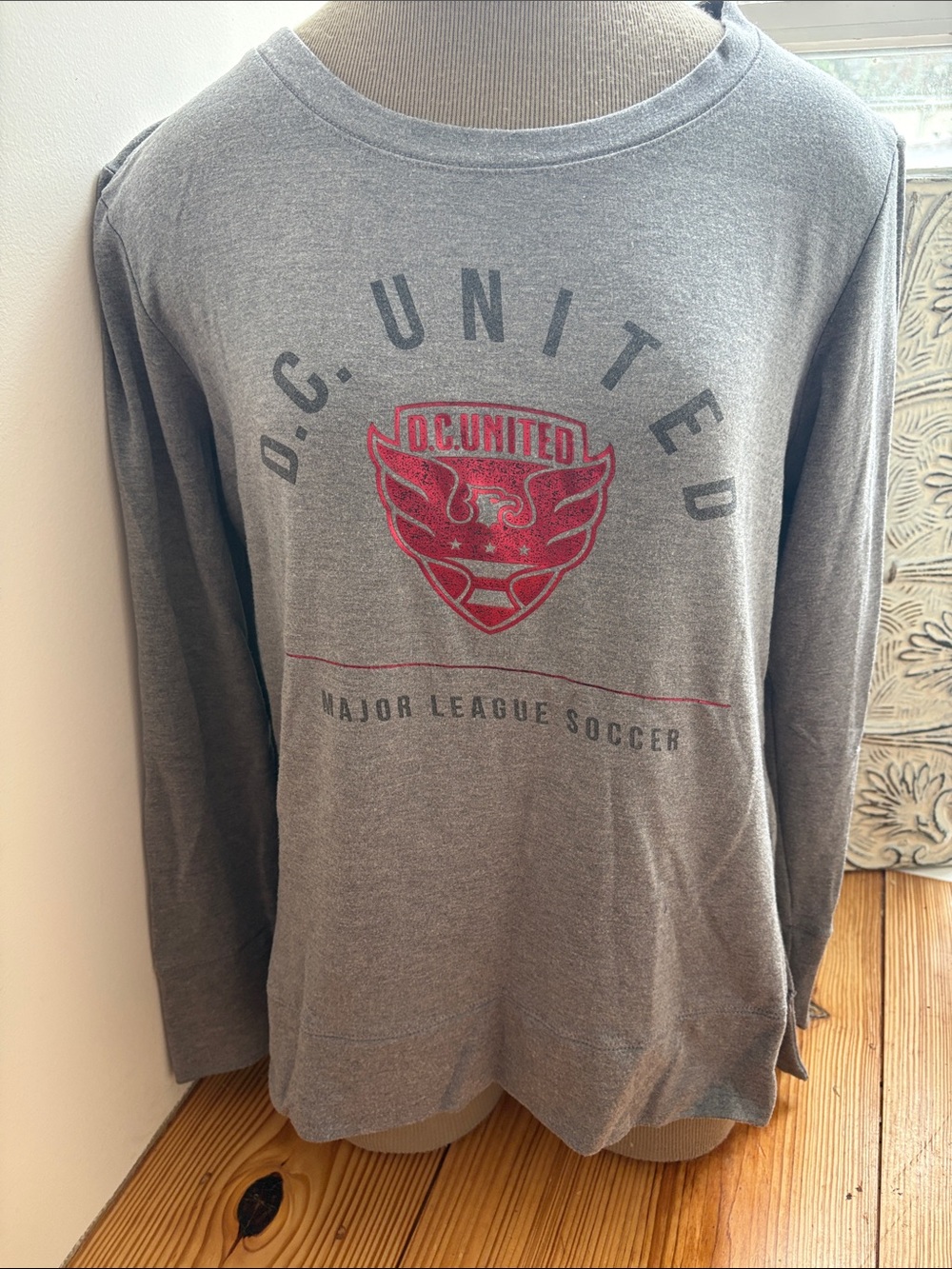 DC United Gray Long-Sleeve Crewneck Shirt with Red Logo